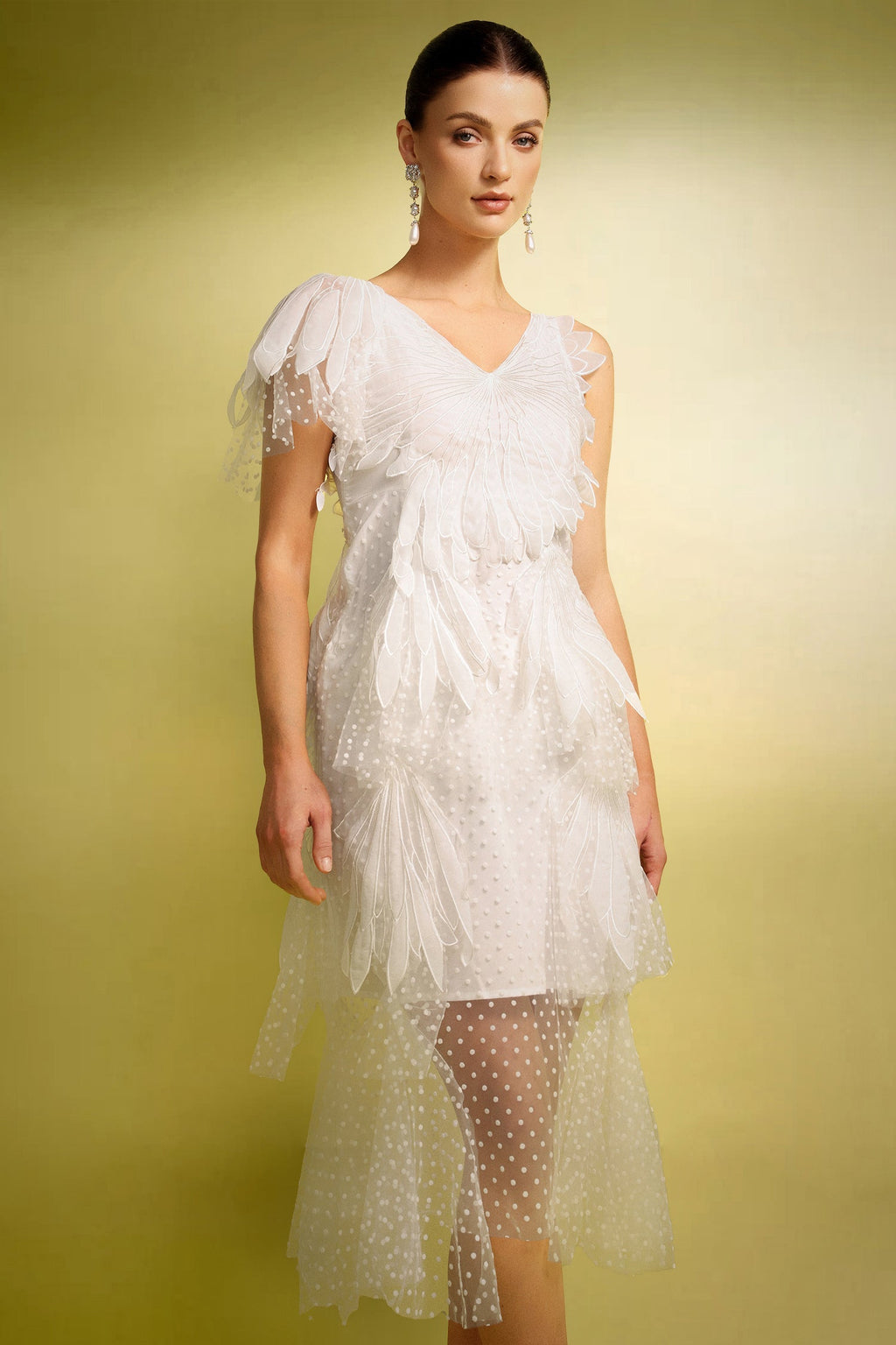 Alba White Butterfly Wave Point V-Neckline Ruffled Dress