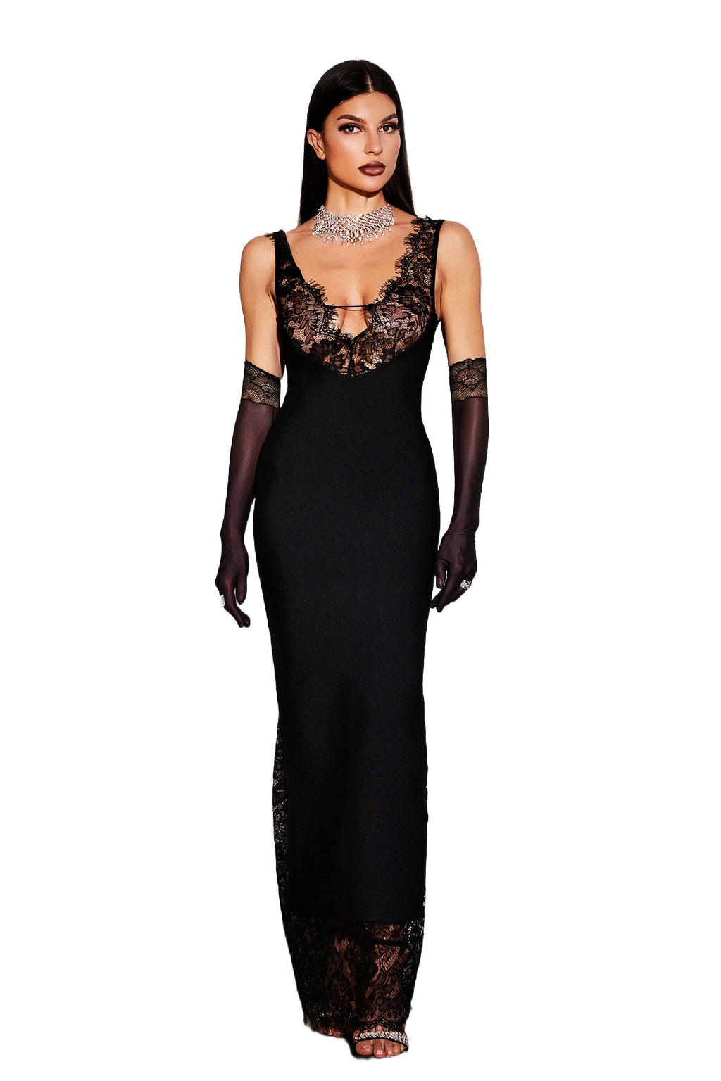 Alberta Black Lace Maxi Dress V Neck Sleeveless Formal Evening Gown