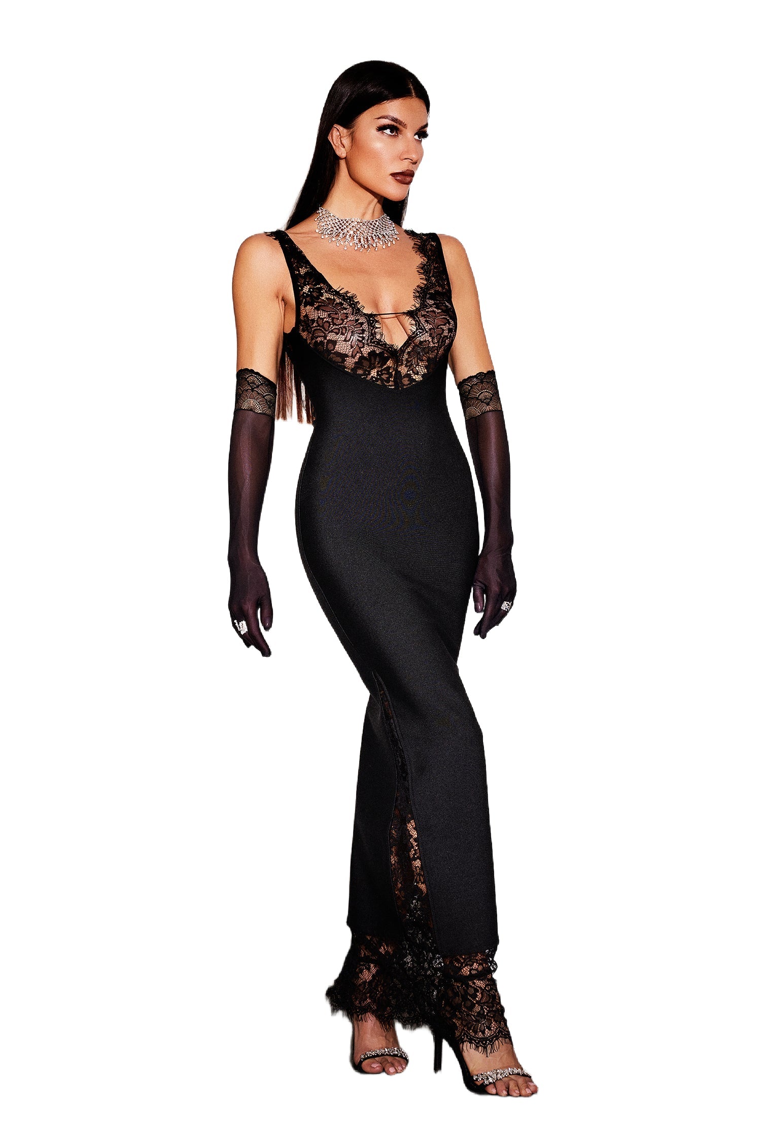 Alberta Black Lace Maxi Dress V Neck Sleeveless Formal Evening Gown