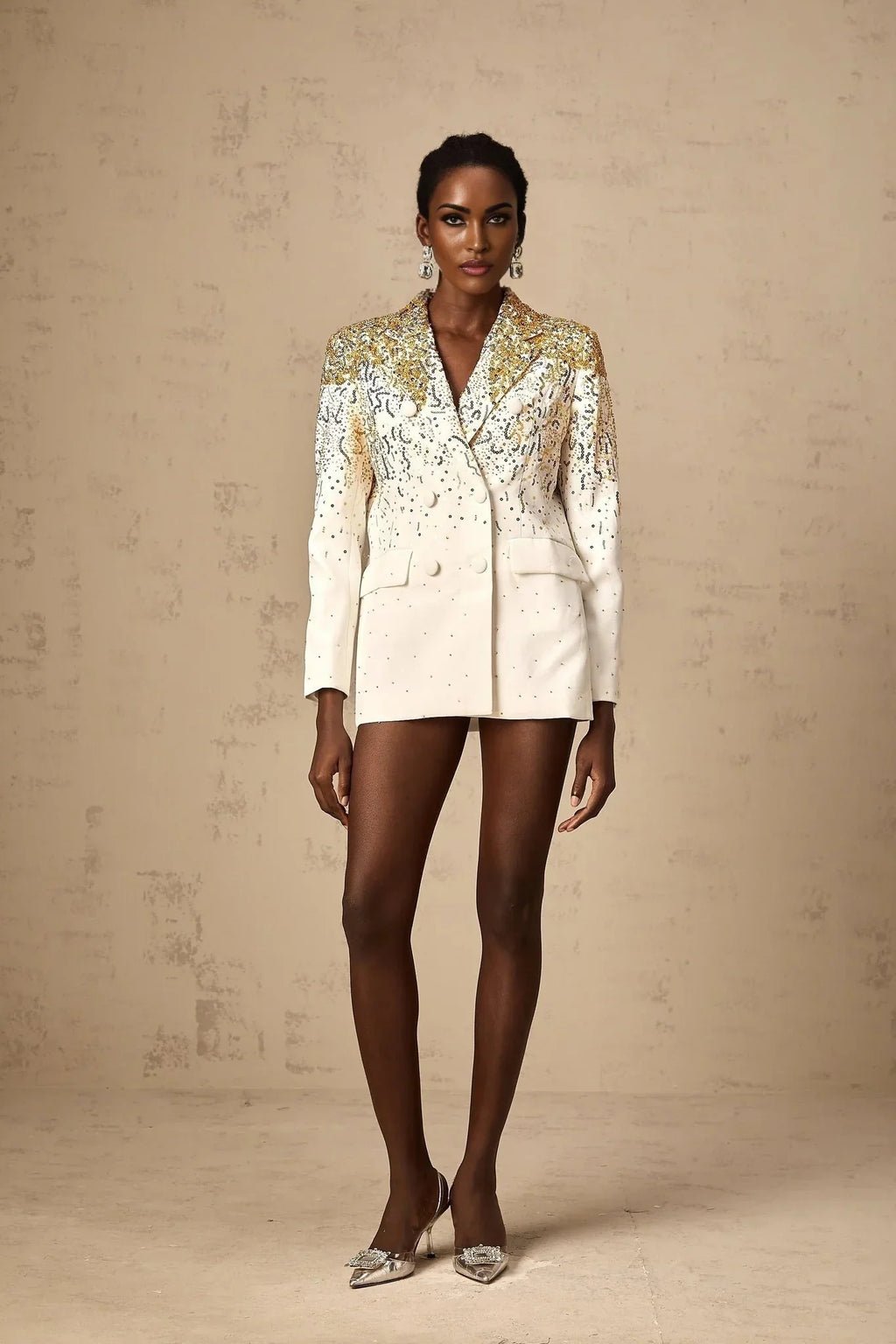 Alberta Blazer - Long Sleeves - Notched Lapels - Embroidered Sequin Stud Design - Double - Breasted Fastening