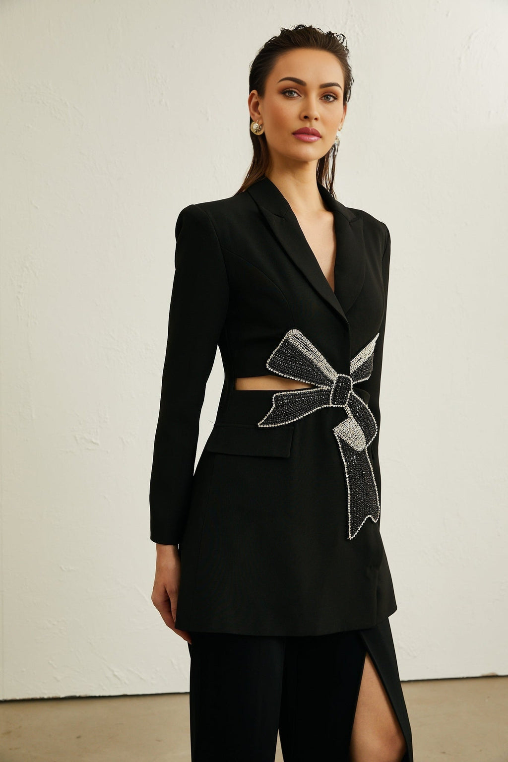 Alberta Blazer - Shoulder Pads - Cut - out Design - Crystal - Embellished Bow - Buttoned Cuffs