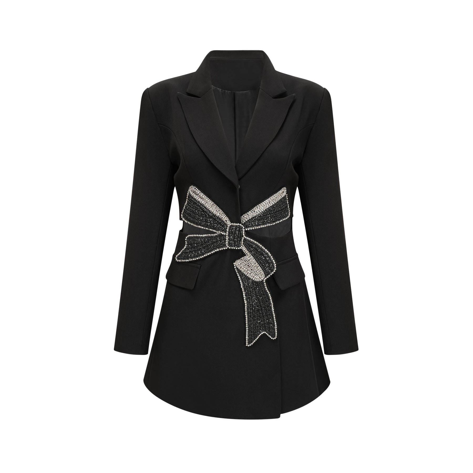 Alberta Blazer - Shoulder Pads - Cut - out Design - Crystal - Embellished Bow - Buttoned Cuffs