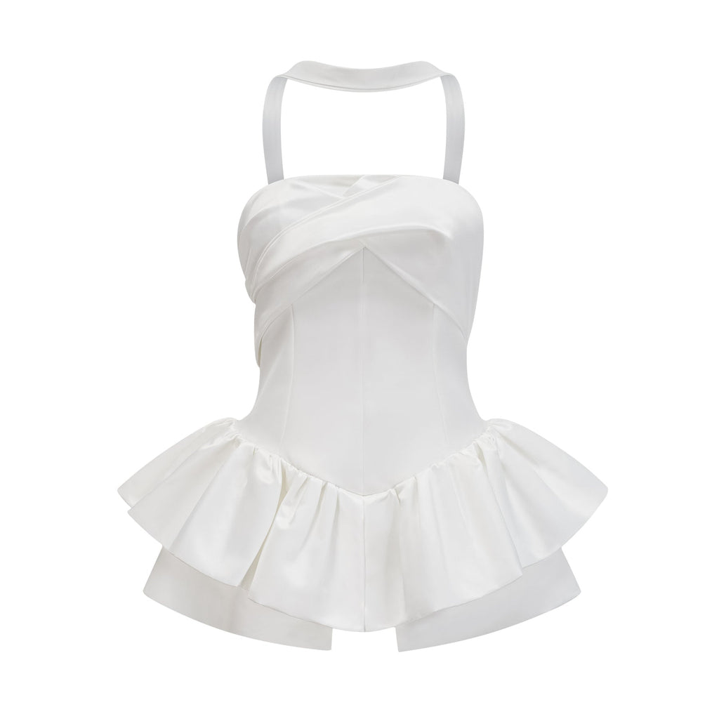 Alberta Mini Dress - Halterneck - Layered Design - Ruched Detailing - Rear Zip Fastening - Ruffled Hem