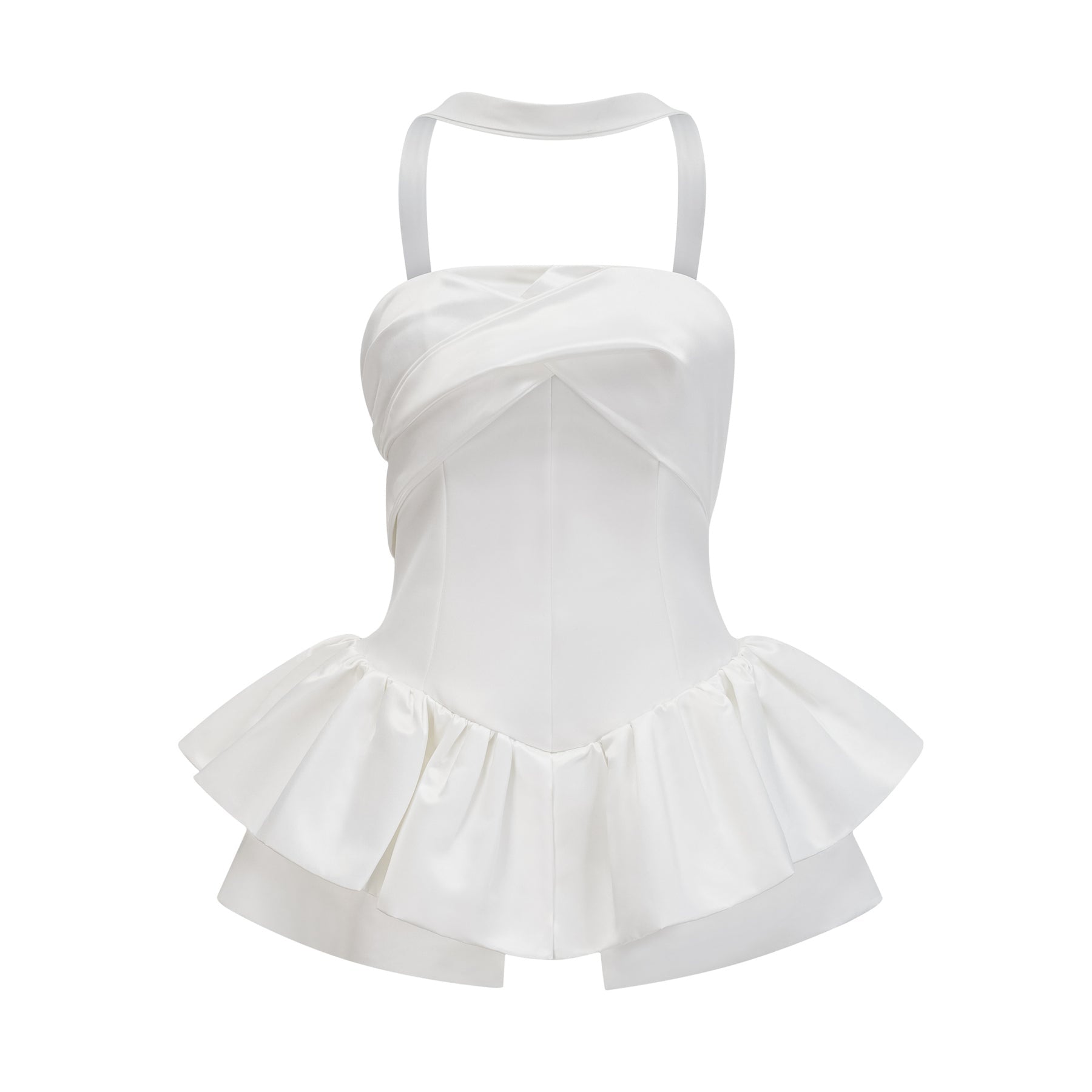 Alberta Mini Dress - Halterneck - Layered Design - Ruched Detailing - Rear Zip Fastening - Ruffled Hem