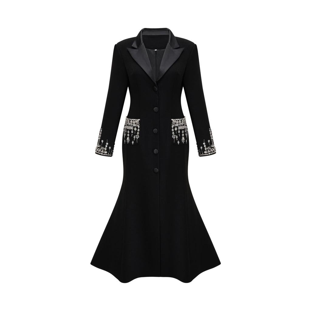 Alessandra Maxi Dress - Peak Lapels - Crystal Embellishment - Flared Hem - Front Button Fastening