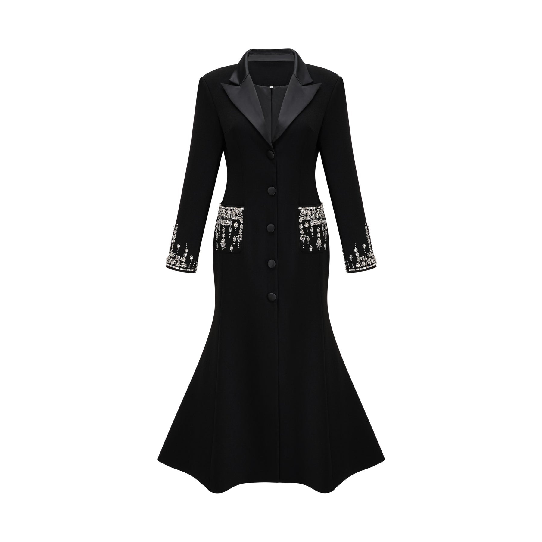 Alessandra Maxi Dress - Peak Lapels - Crystal Embellishment - Flared Hem - Front Button Fastening