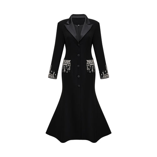 Alessandra Maxi Dress - Peak Lapels - Crystal Embellishment - Flared Hem - Front Button Fastening