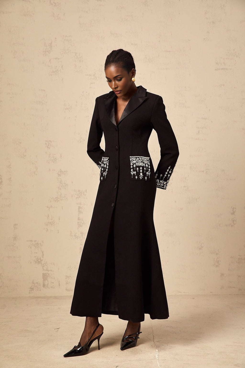 Alessandra Maxi Dress - Peak Lapels - Crystal Embellishment - Flared Hem - Front Button Fastening