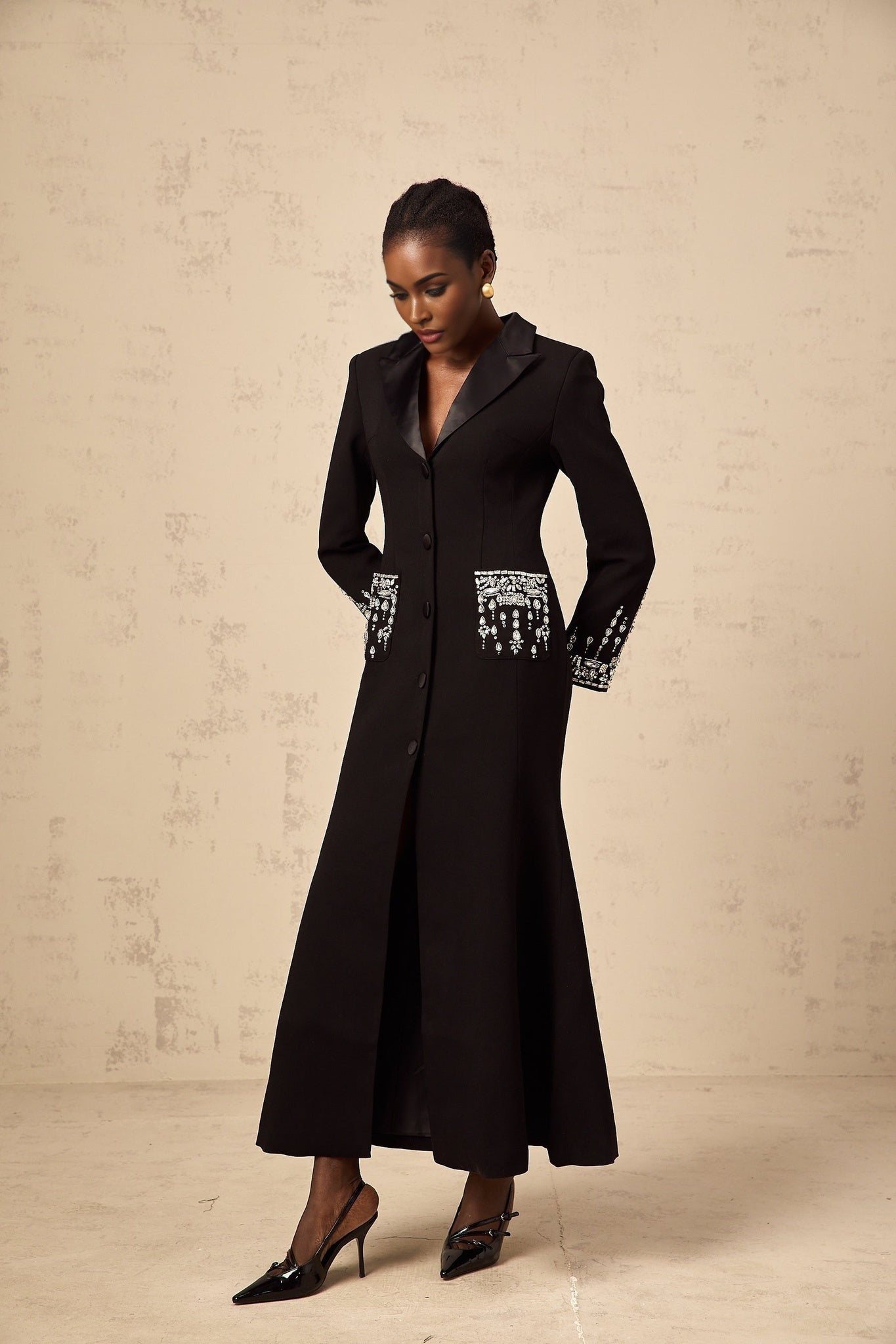 Alessandra Maxi Dress - Peak Lapels - Crystal Embellishment - Flared Hem - Front Button Fastening