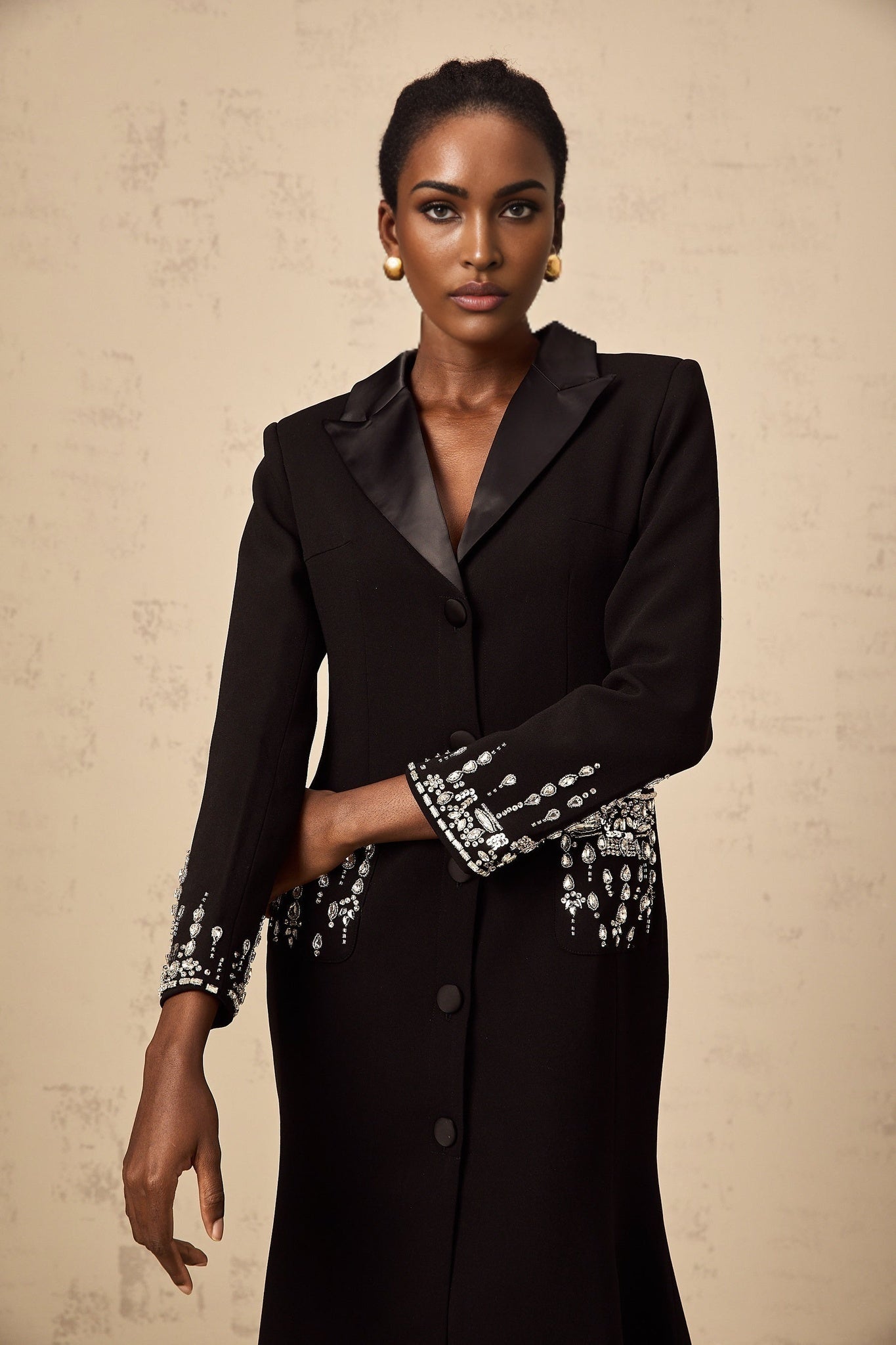 Alessandra Maxi Dress - Peak Lapels - Crystal Embellishment - Flared Hem - Front Button Fastening