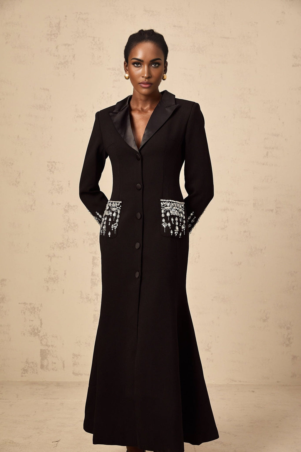 Alessandra Maxi Dress - Peak Lapels - Crystal Embellishment - Flared Hem - Front Button Fastening
