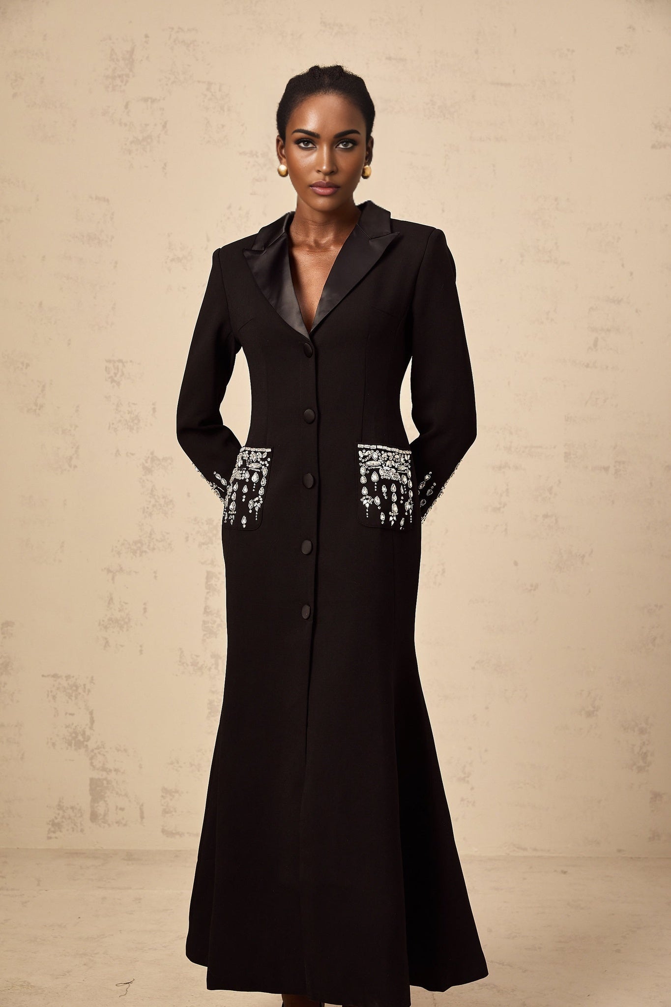 Alessandra Maxi Dress - Peak Lapels - Crystal Embellishment - Flared Hem - Front Button Fastening