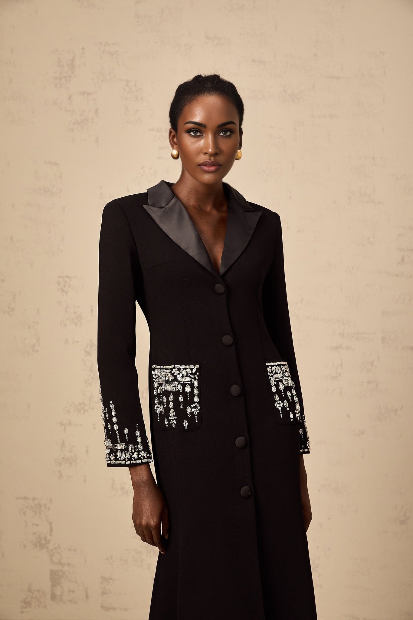 Alessandra Maxi Dress - Peak Lapels - Crystal Embellishment - Flared Hem - Front Button Fastening