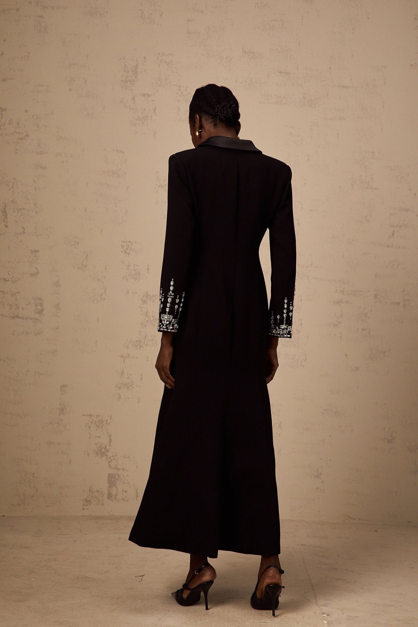 Alessandra Maxi Dress - Peak Lapels - Crystal Embellishment - Flared Hem - Front Button Fastening