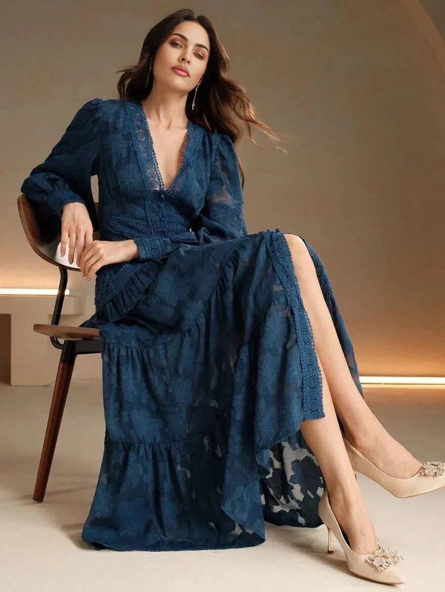 This elegant deep teal dress features a flattering wrap silhouette with puff sleeves and intricate lace detailing, perfectly.