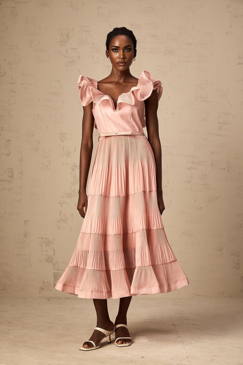 Alessandra Midi Dress - Sweetheart Neck - Sleeveless - Detachable Belt - Open Back