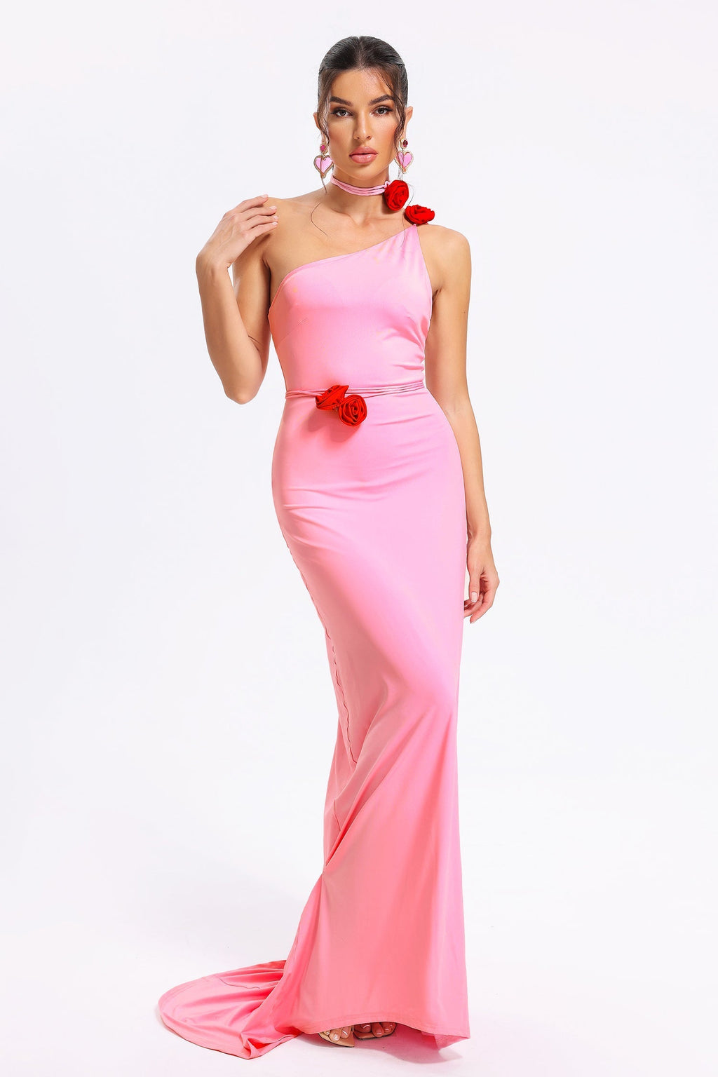 Alessandra Pink One-Shoulder Formal Dress Luxurious Fabric Floral Belt Floor-Length Elegant Sophisticated