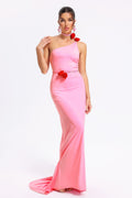 Alessandra Pink One-Shoulder Formal Dress Luxurious Fabric Floral Belt Floor-Length Elegant Sophisticated