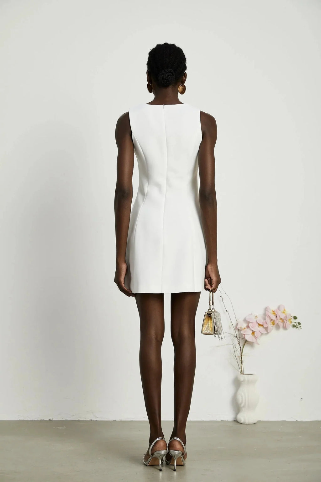 Alessandra White Mini Dress - Sleeveless Square Neck - Faux - Flower Embellishment - Flared Skirt - Rear Zip Fastening