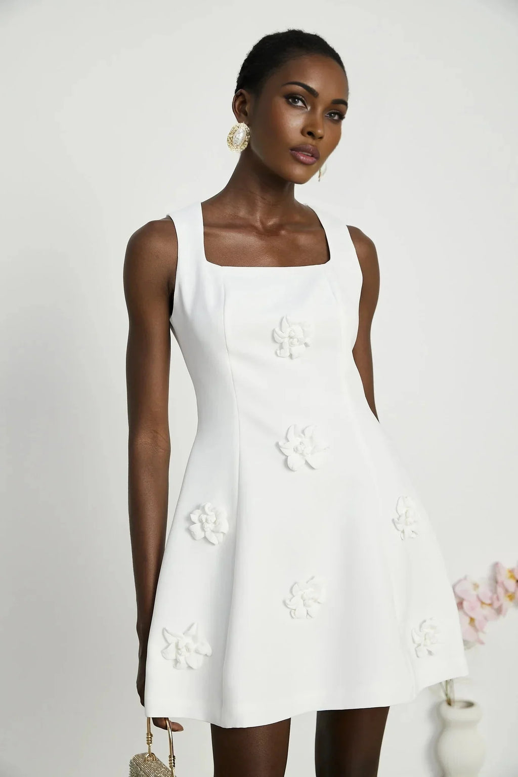 Alessandra White Mini Dress - Sleeveless Square Neck - Faux - Flower Embellishment - Flared Skirt - Rear Zip Fastening