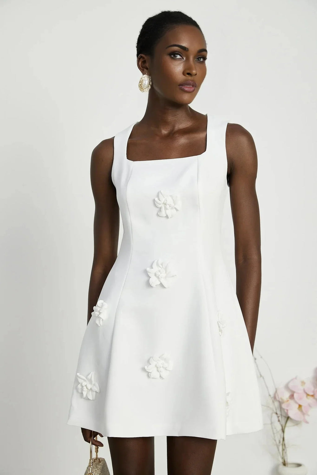 Alessandra White Mini Dress - Sleeveless Square Neck - Faux - Flower Embellishment - Flared Skirt - Rear Zip Fastening
