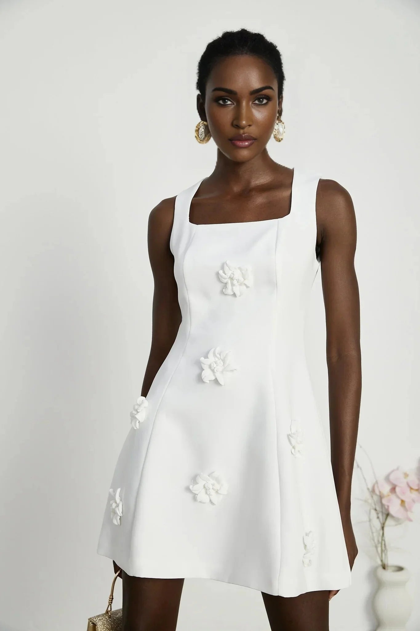 Alessandra White Mini Dress - Sleeveless Square Neck - Faux - Flower Embellishment - Flared Skirt - Rear Zip Fastening
