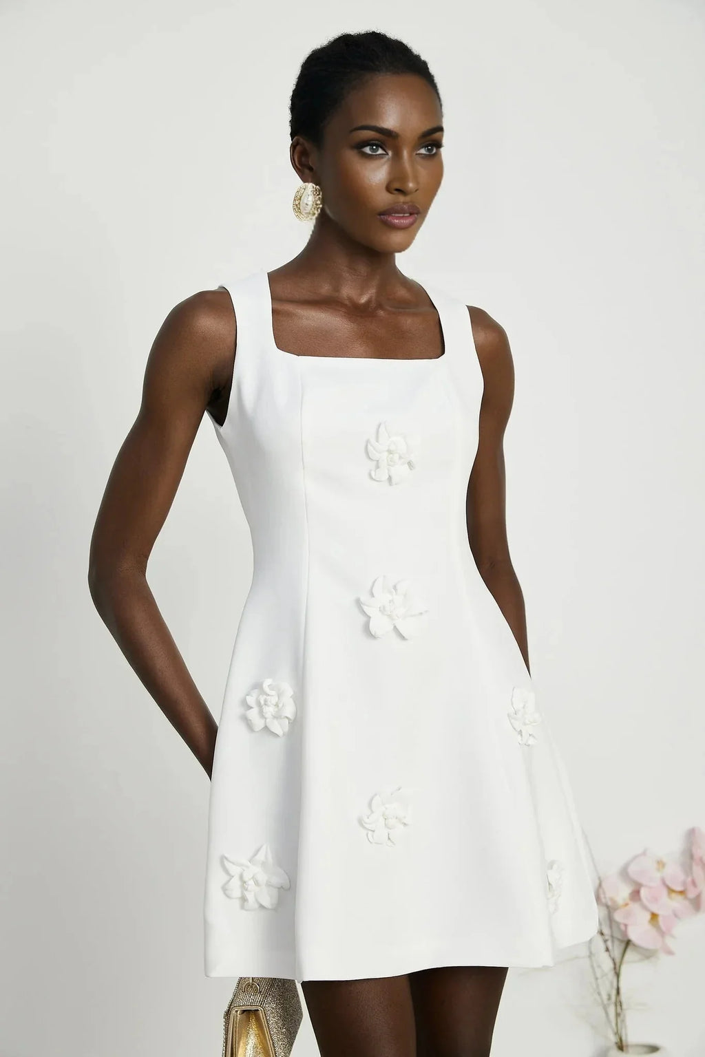 Alessandra White Mini Dress - Sleeveless Square Neck - Faux - Flower Embellishment - Flared Skirt - Rear Zip Fastening