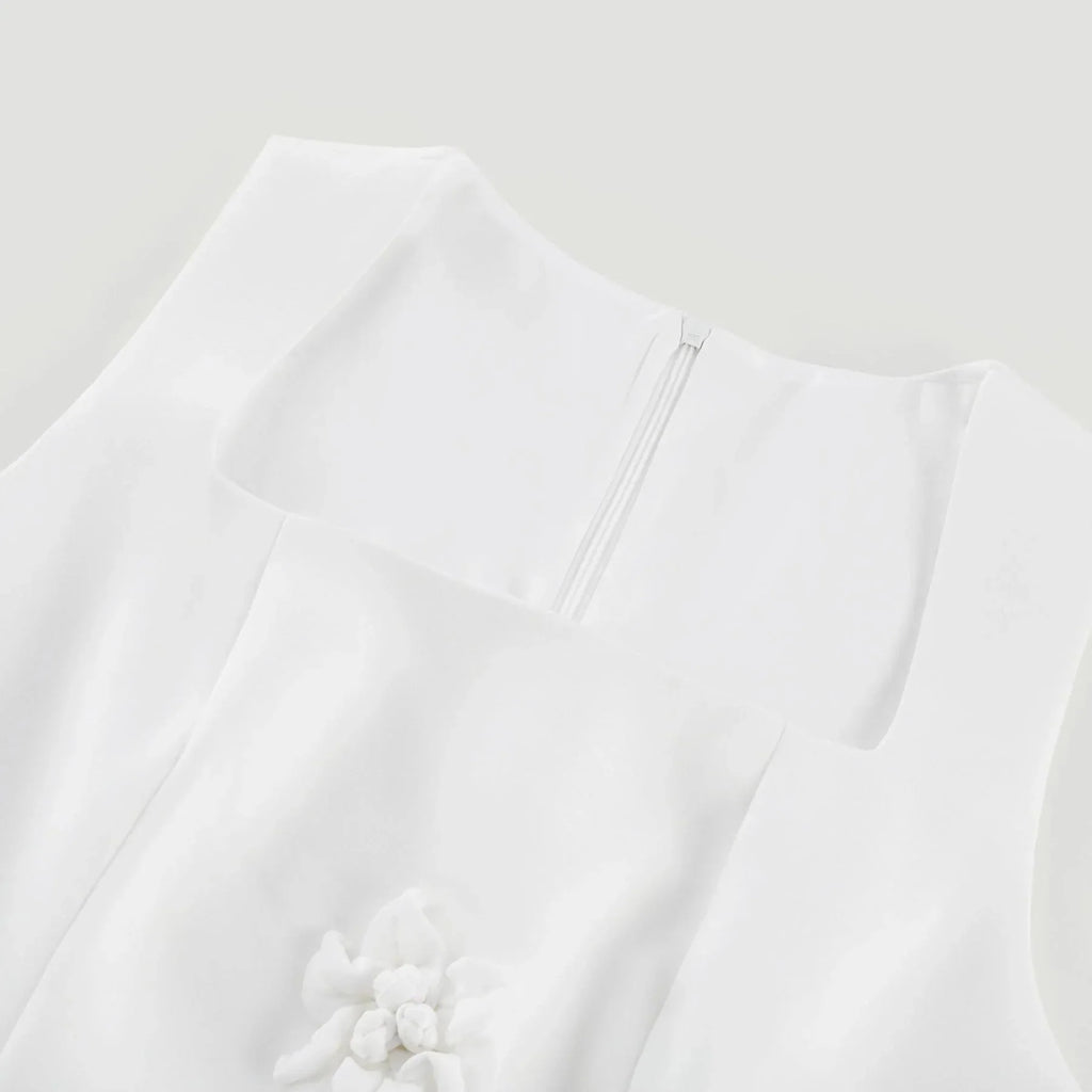 Alessandra White Mini Dress - Sleeveless Square Neck - Faux - Flower Embellishment - Flared Skirt - Rear Zip Fastening