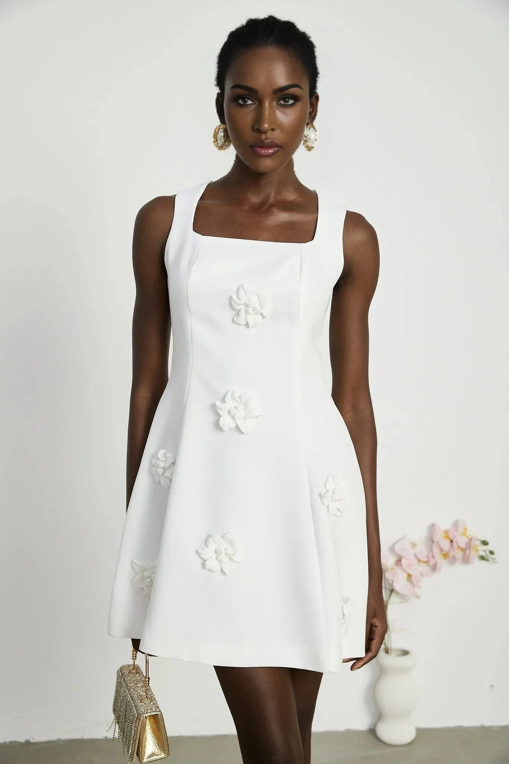 Alessandra White Mini Dress - Sleeveless Square Neck - Faux - Flower Embellishment - Flared Skirt - Rear Zip Fastening