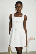 Alessandra White Mini Dress - Sleeveless Square Neck - Faux - Flower Embellishment - Flared Skirt - Rear Zip Fastening