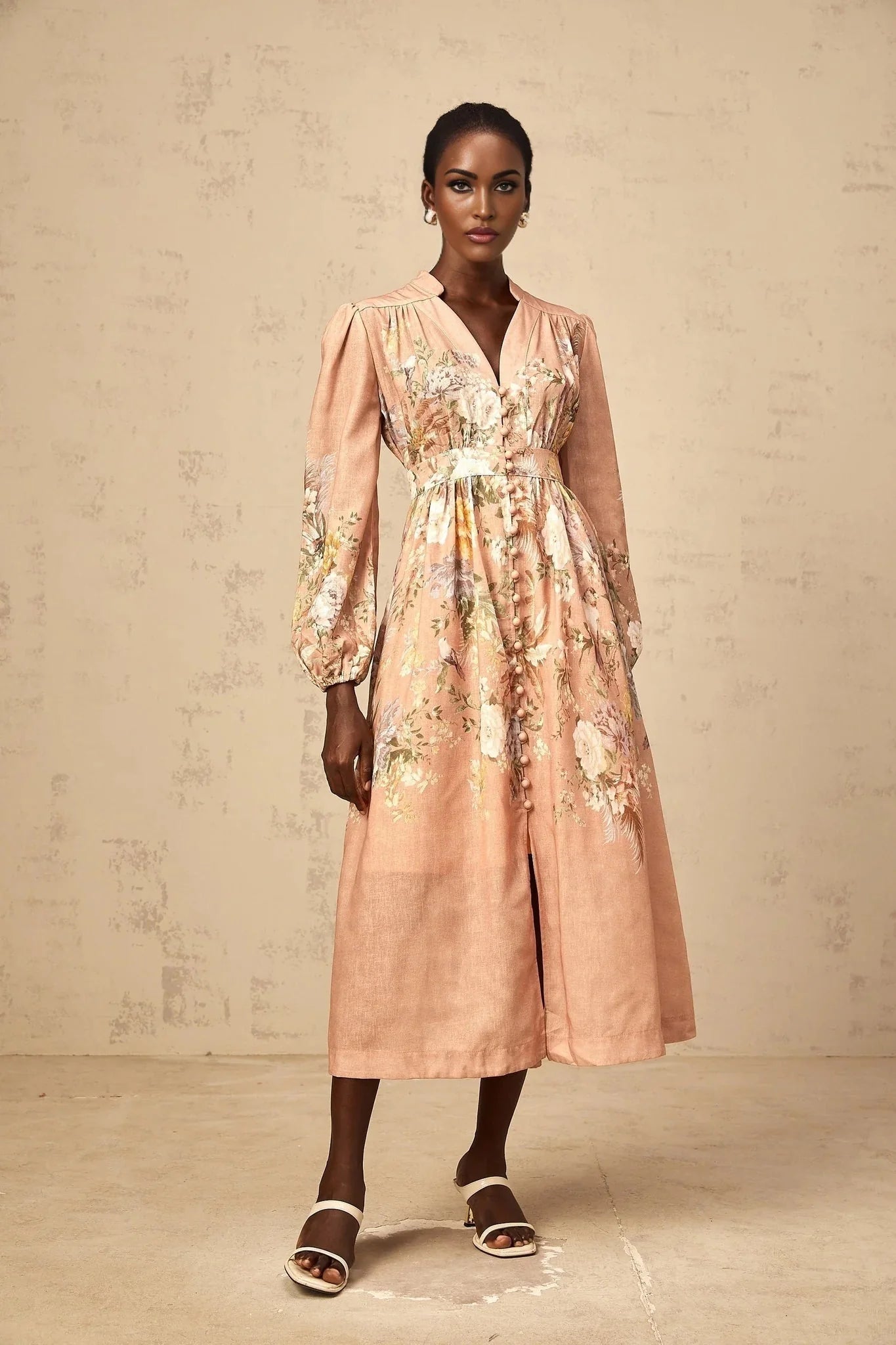 Alessandrina Midi Dress Pink Floral Print & V - neck