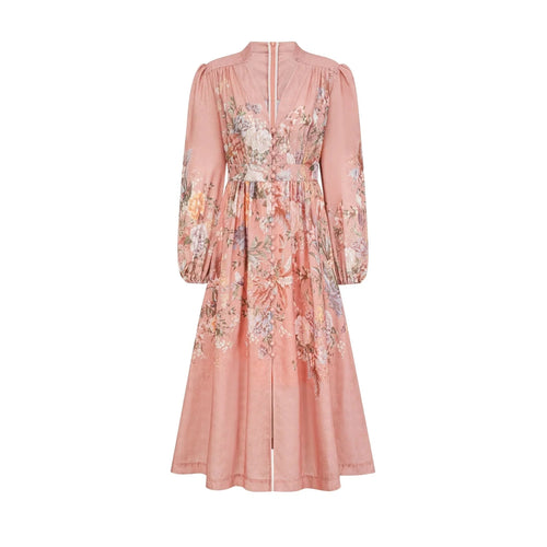 Alessandrina Midi Dress Pink Floral Print & V - neck