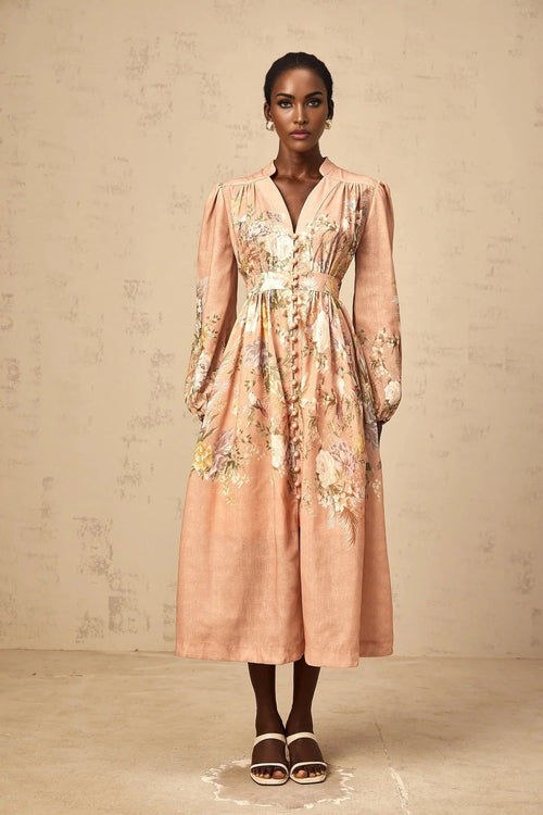 Alessandrina Midi Dress Pink Floral Print & V - neck
