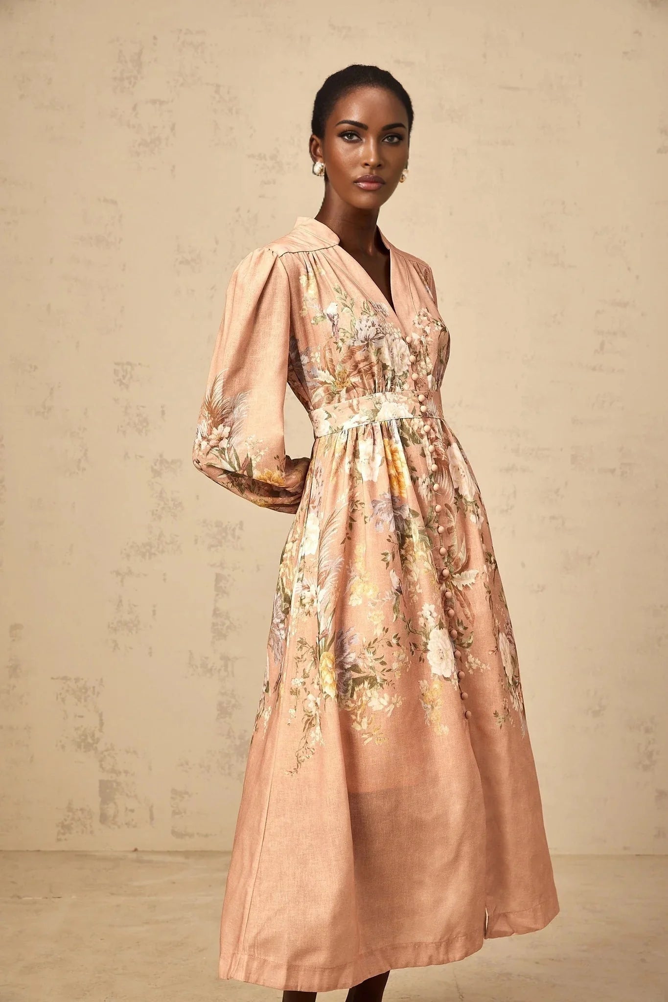 Alessandrina Midi Dress Pink Floral Print & V - neck