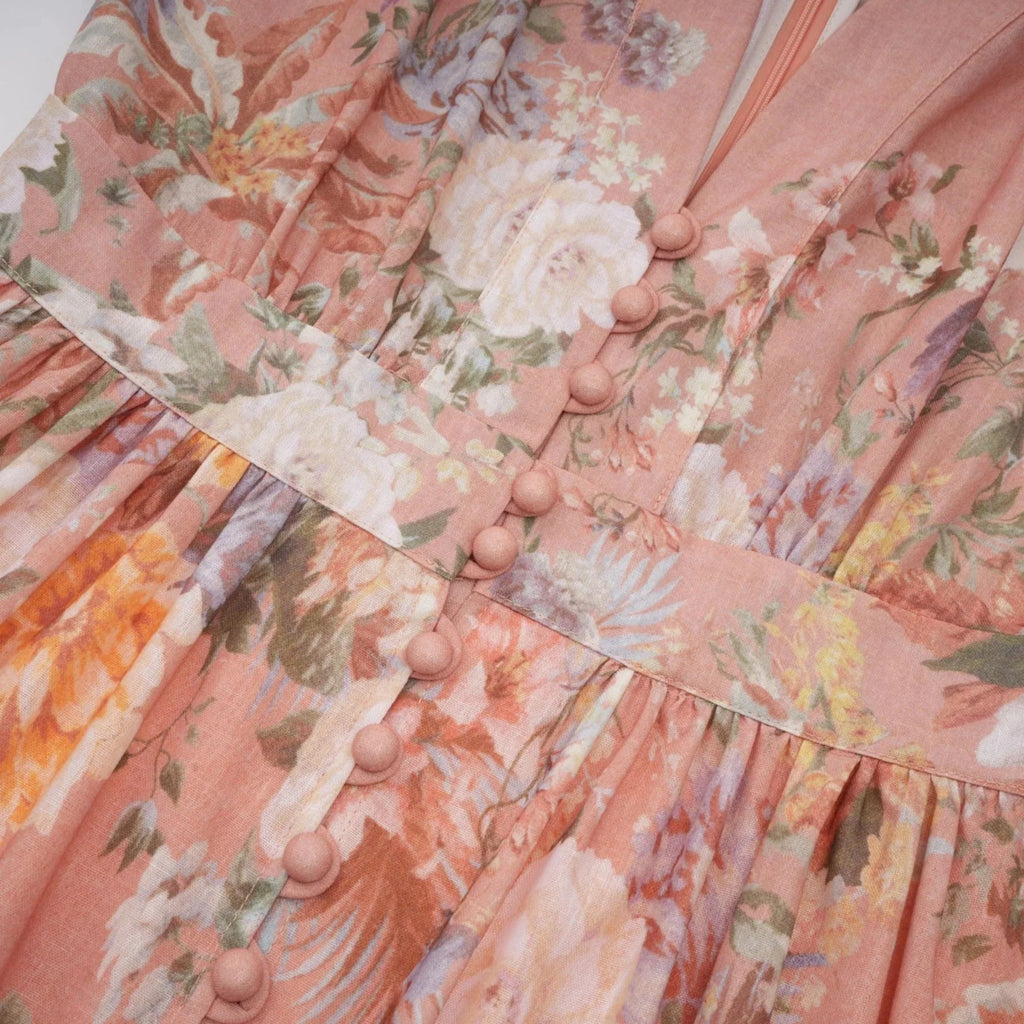 Alessandrina Midi Dress Pink Floral Print & V - neck
