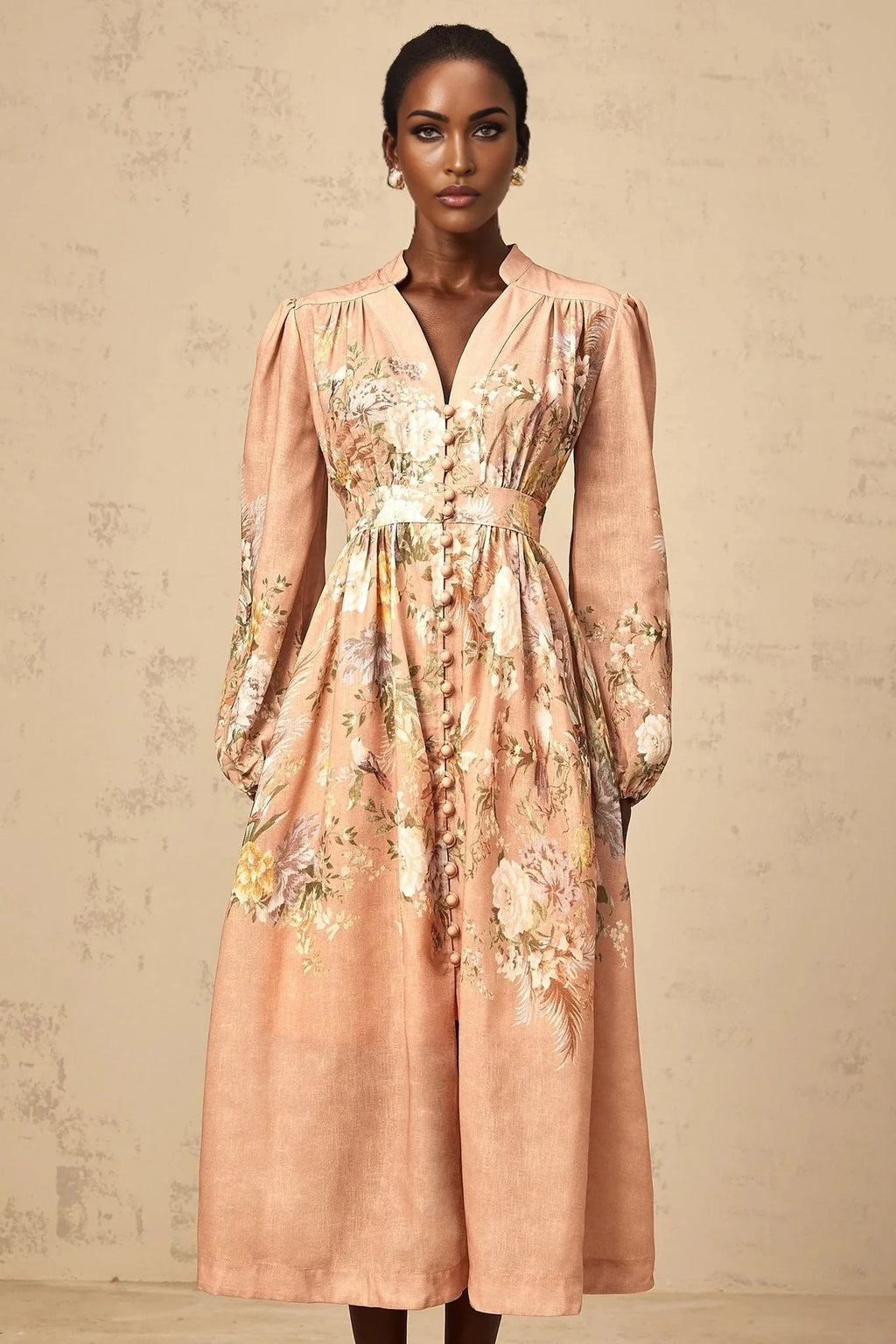 Alessandrina Midi Dress Pink Floral Print & V - neck