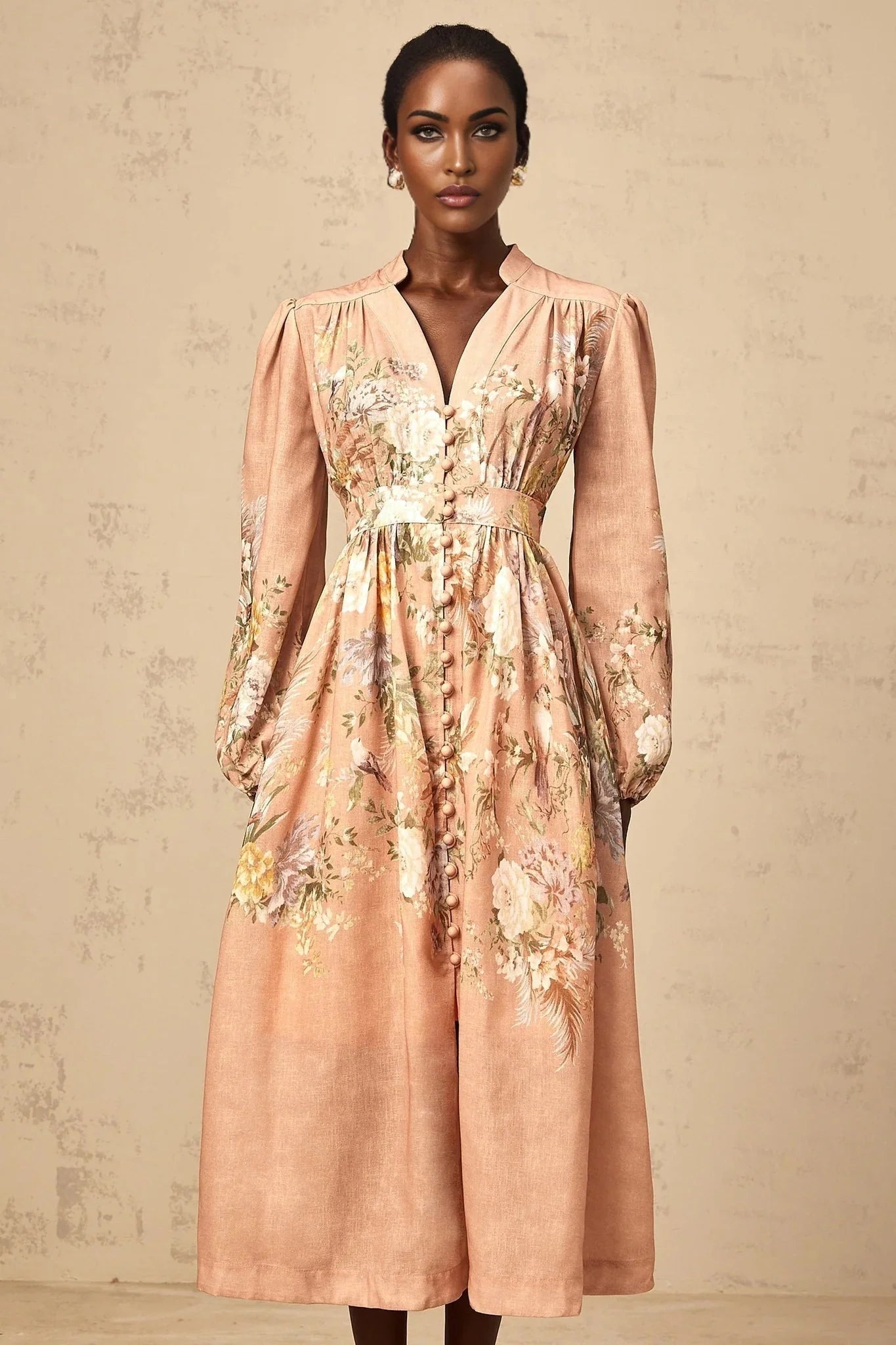 Alessandrina Midi Dress Pink Floral Print & V - neck