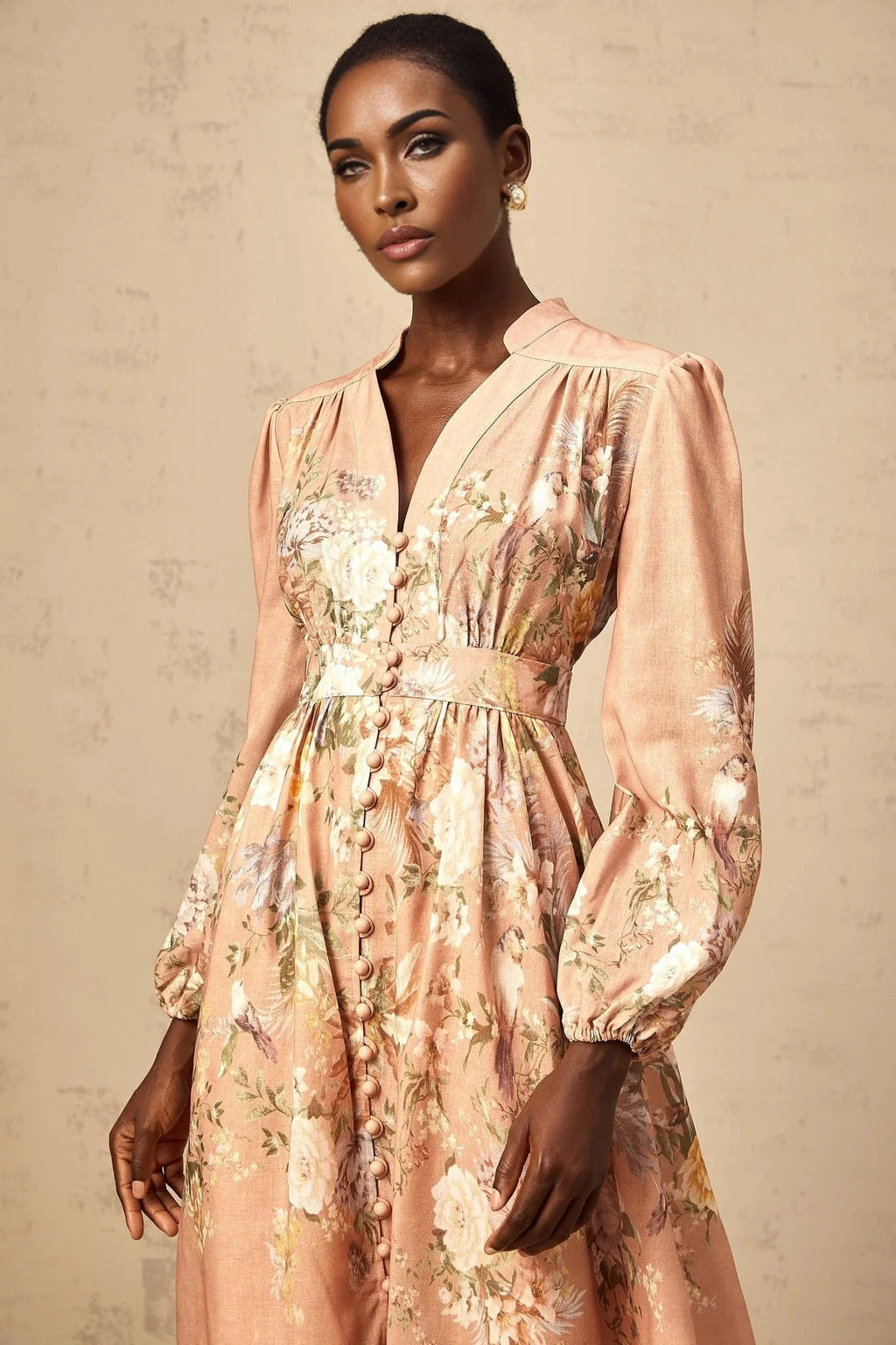 Alessandrina Midi Dress Pink Floral Print & V - neck