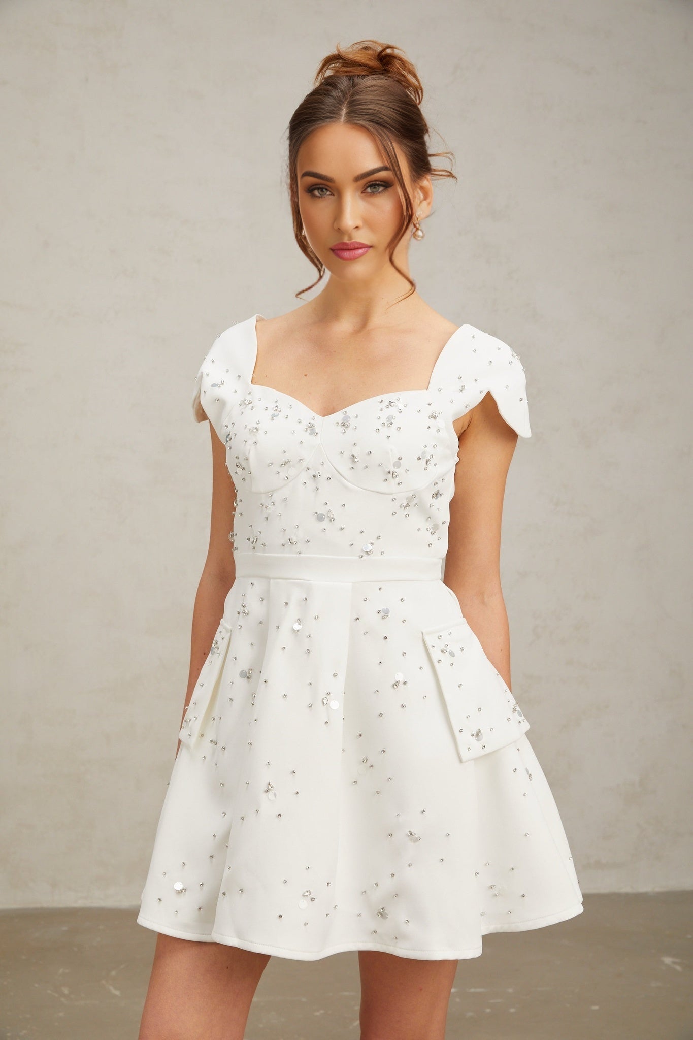 Alessandrina Mini Dress - Sweetheart Neck - Cap Sleeves - Bustier Style - Rhinestone Embellishment