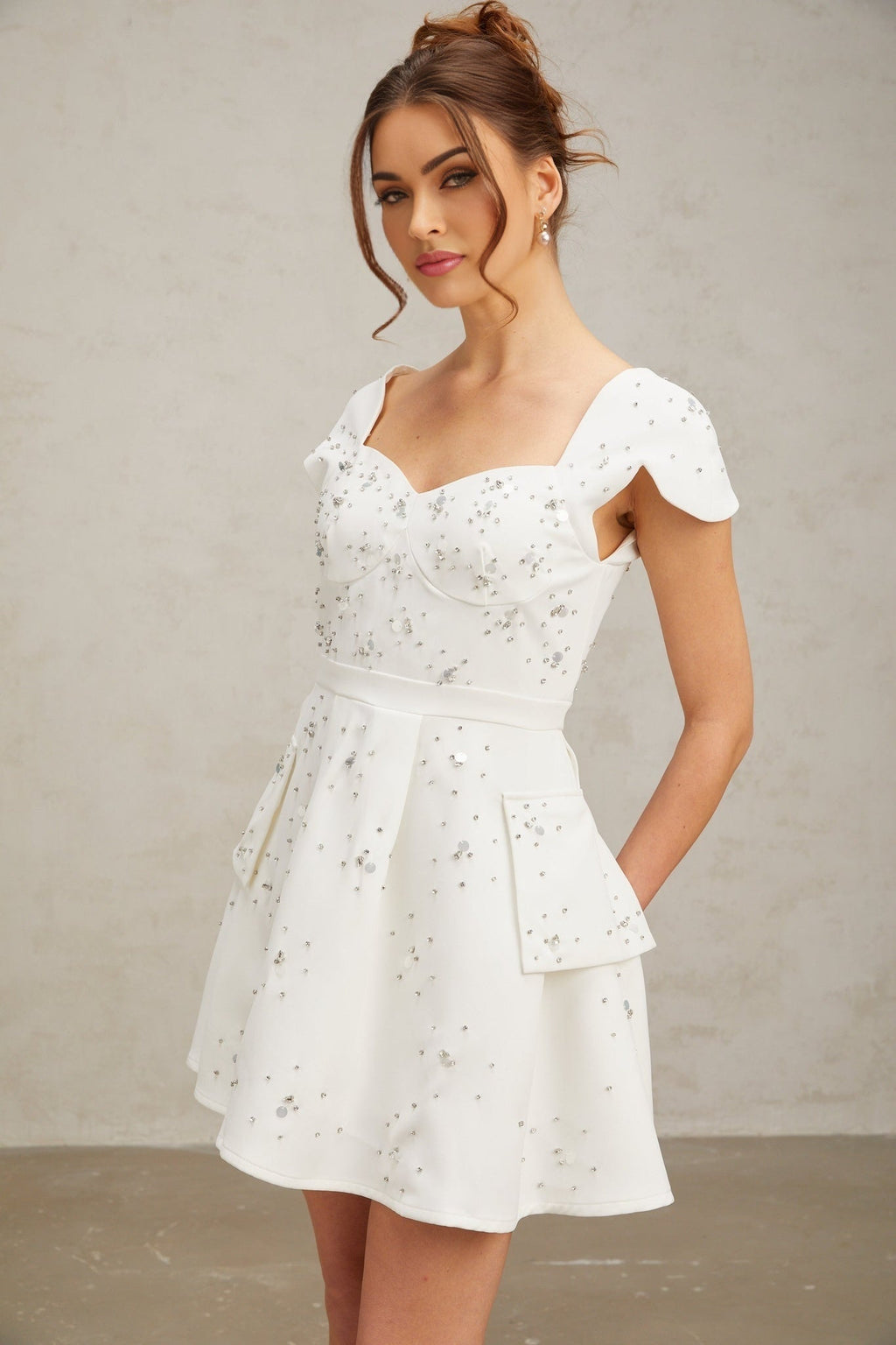 Alessandrina Mini Dress - Sweetheart Neck - Cap Sleeves - Bustier Style - Rhinestone Embellishment