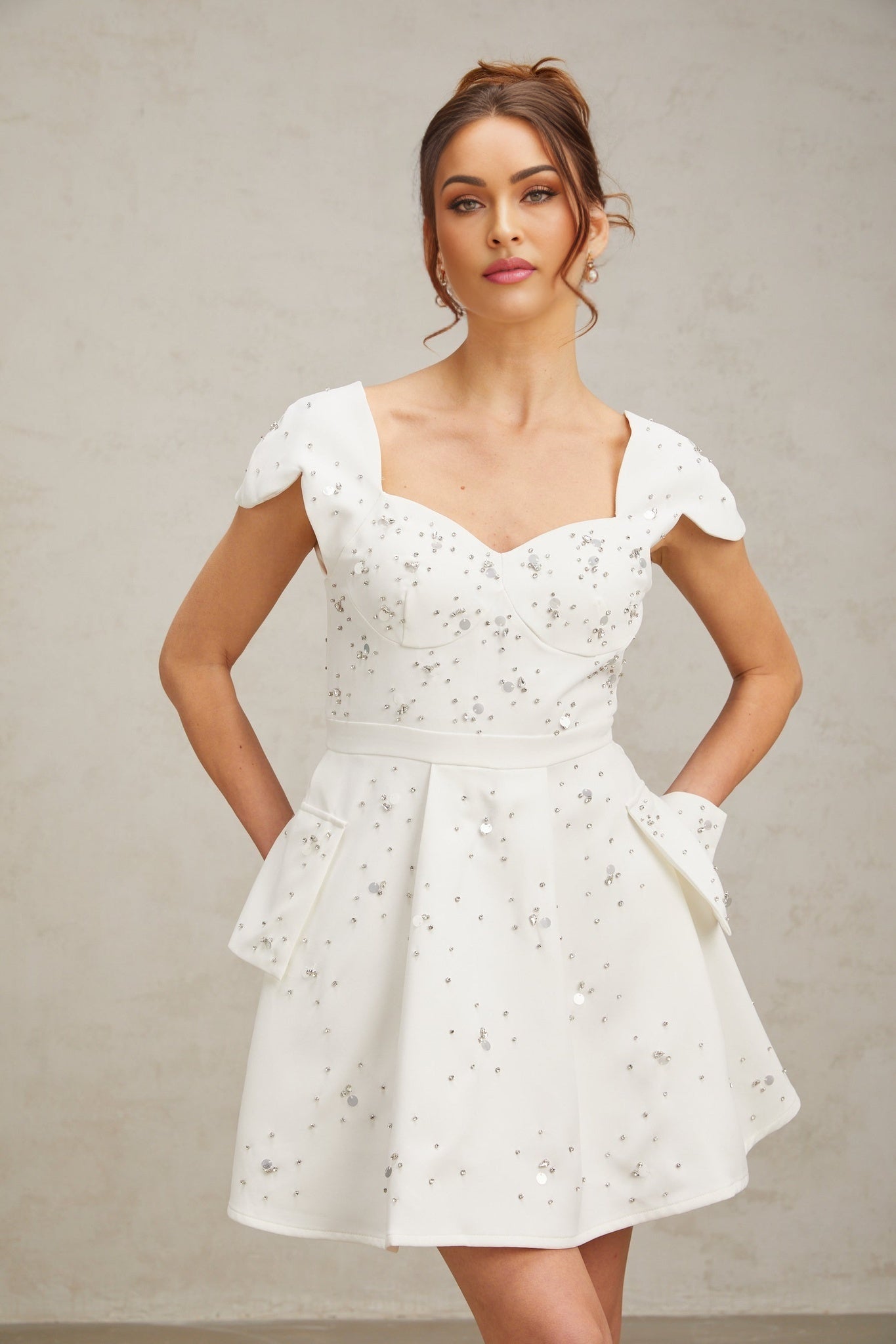 Alessandrina Mini Dress - Sweetheart Neck - Cap Sleeves - Bustier Style - Rhinestone Embellishment