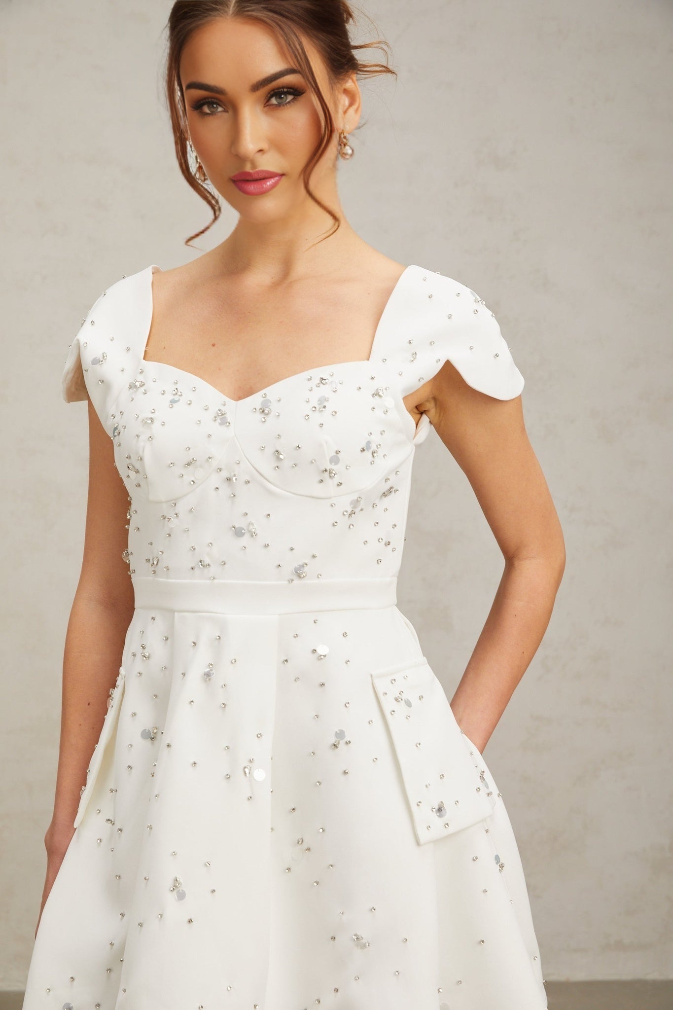 Alessandrina Mini Dress - Sweetheart Neck - Cap Sleeves - Bustier Style - Rhinestone Embellishment