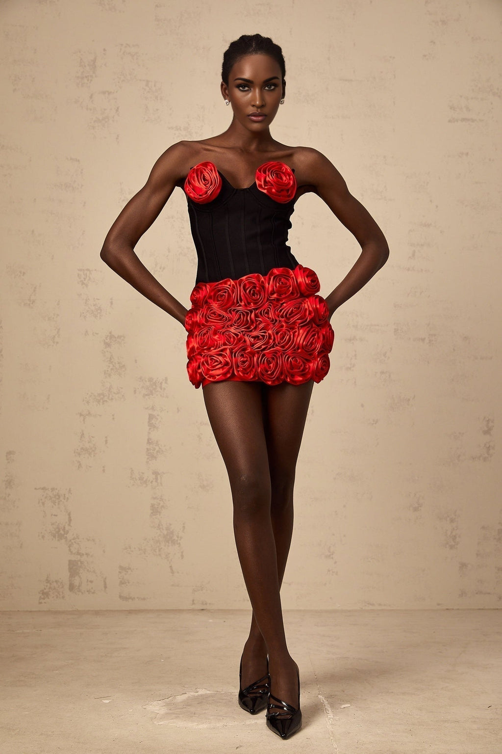Alessandrina Skirt & Top Set - Sleeveless Sweetheart Top - Off - the - Shoulder Bodice - Rose Appliqué Detail - Fitted Silhouette