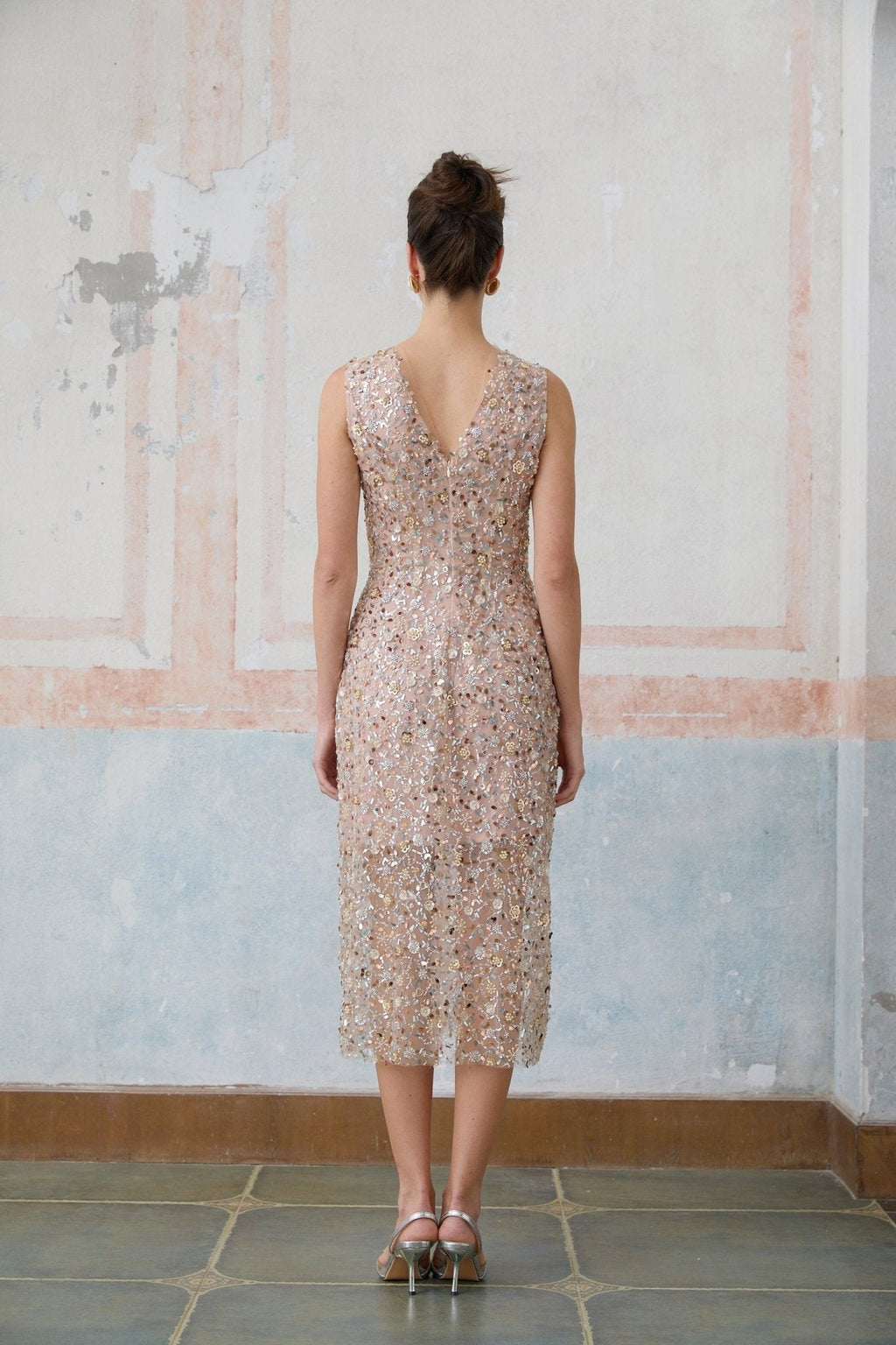 Alessia Midi Dress - V - neck Design - Sequin & Bead Embellishments - Fitted Silhouette - Elegant Flower Motif