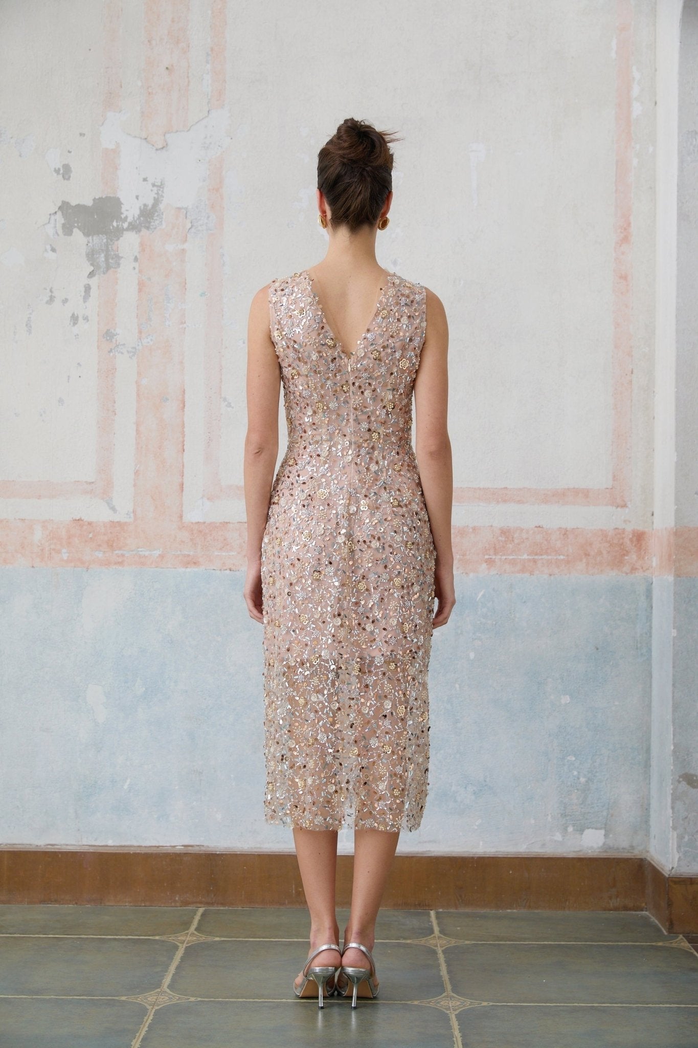 Alessia Midi Dress - V - neck Design - Sequin & Bead Embellishments - Fitted Silhouette - Elegant Flower Motif