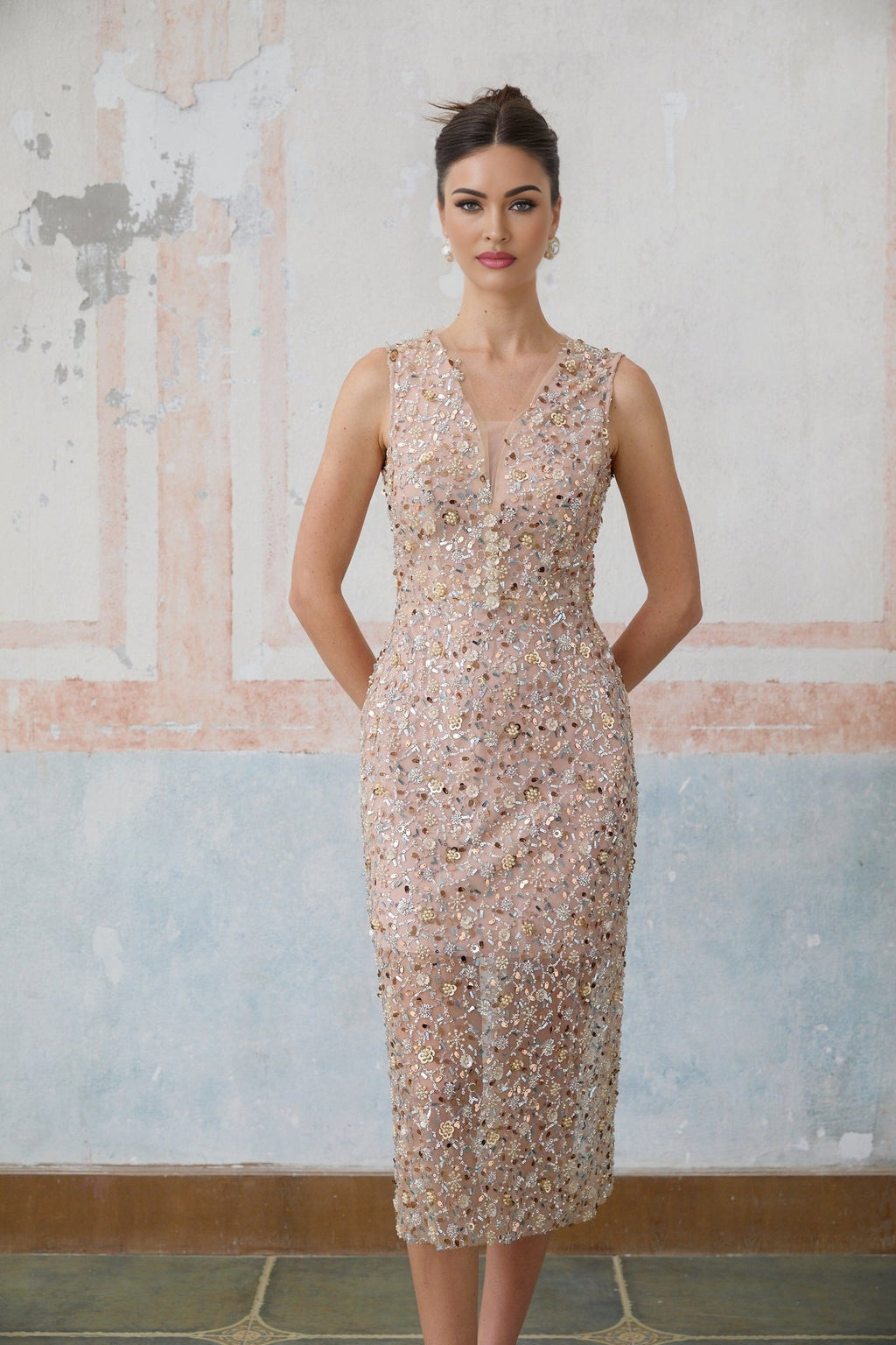 Alessia Midi Dress - V - neck Design - Sequin & Bead Embellishments - Fitted Silhouette - Elegant Flower Motif