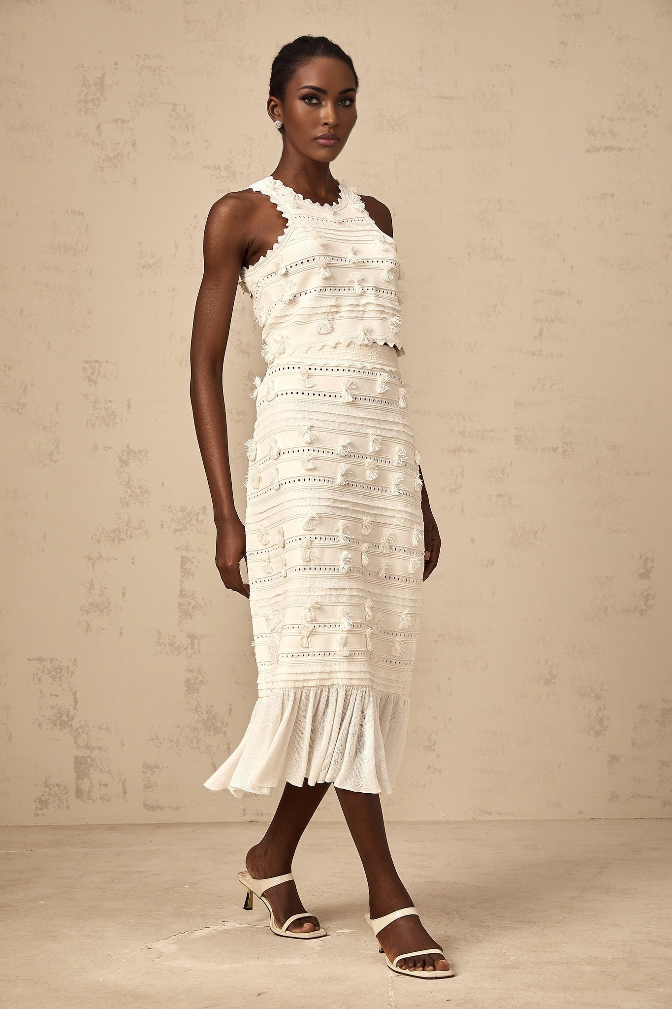 Alessia Skirt & Top Set - Sleeveless Open Back Top - Ruffled Hem - Fitted Pleated Skirt - Knitted Construction