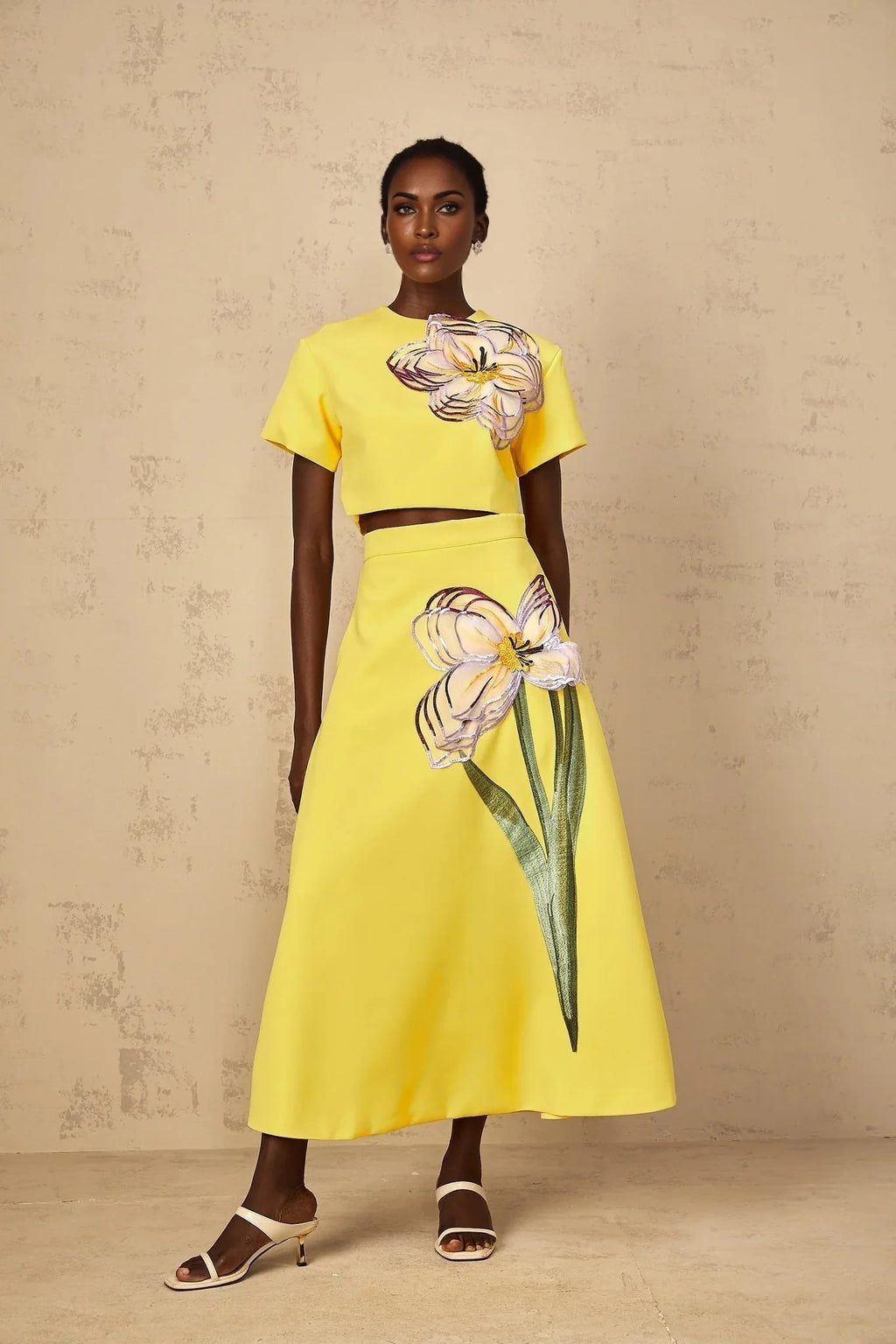 Alexa Floral Appliqué Top & Skirt Set in Yellow