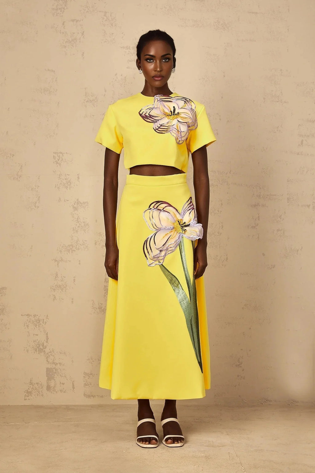Alexa Floral Appliqué Top & Skirt Set in Yellow