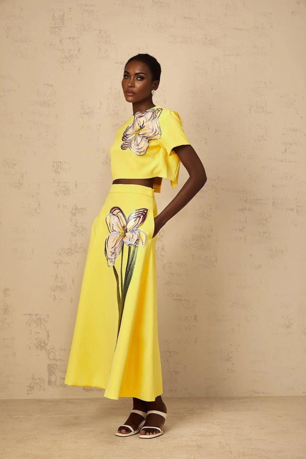 Alexa Floral Appliqué Top & Skirt Set in Yellow